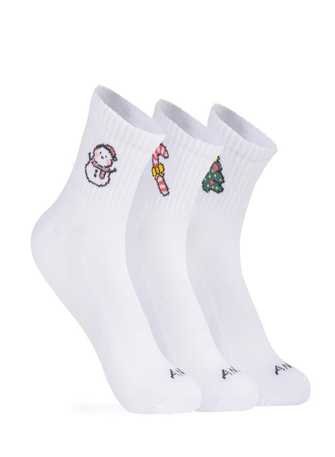 ANT21T Christmas Pattern Crew Socks, White Cotton Blend, 3 Pairs, Antrop (US, Numeric, 9, 11, Regular, Regular, Christmas) - Image 1